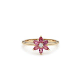 Marquise Cut Ruby and Round Brilliant Cut Diamond Flower Ring in Yellow Gold