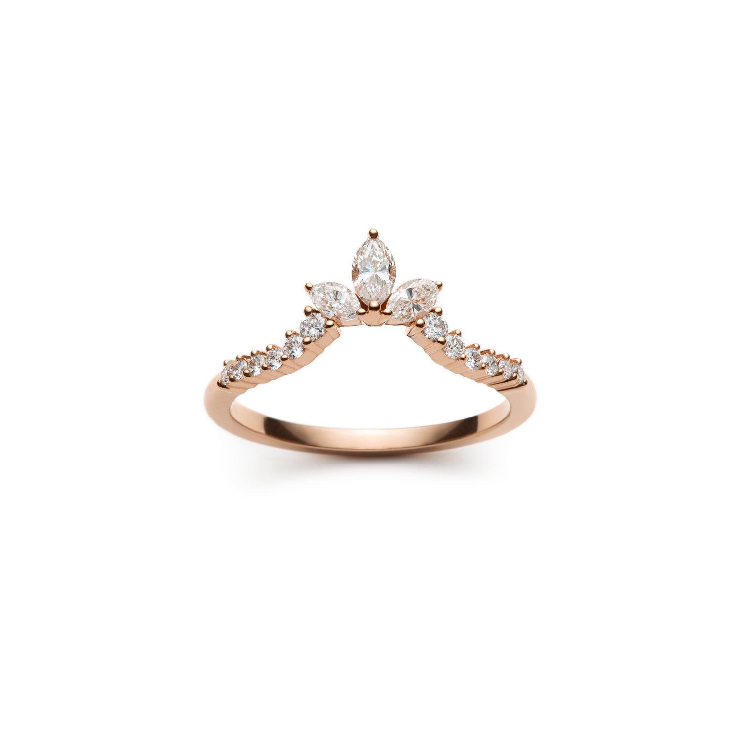 Marquise and Round Brilliant Cut Diamond Tiara Chevron Half-Eternity Ring in Rose Gold