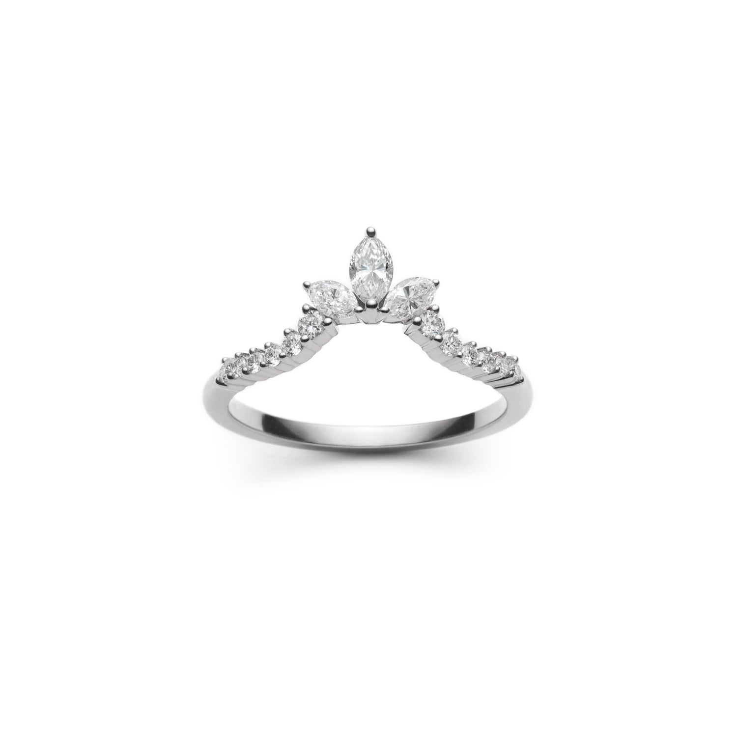 Marquise and Round Brilliant Cut Diamond Tiara Chevron Half-Eternity Ring in White Gold