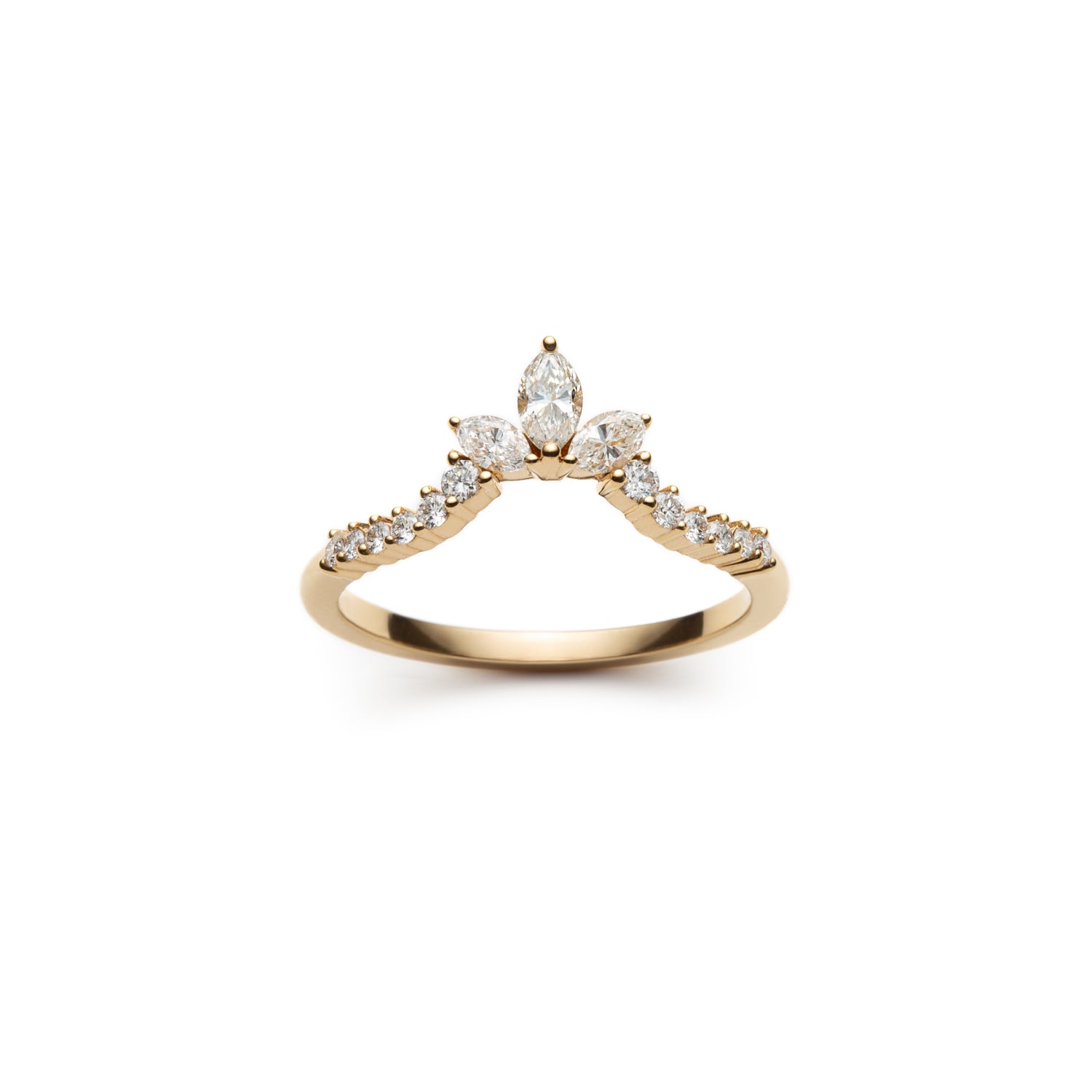 Marquise and Round Brilliant Cut Diamond Tiara Chevron Half-Eternity Ring in Yellow Gold