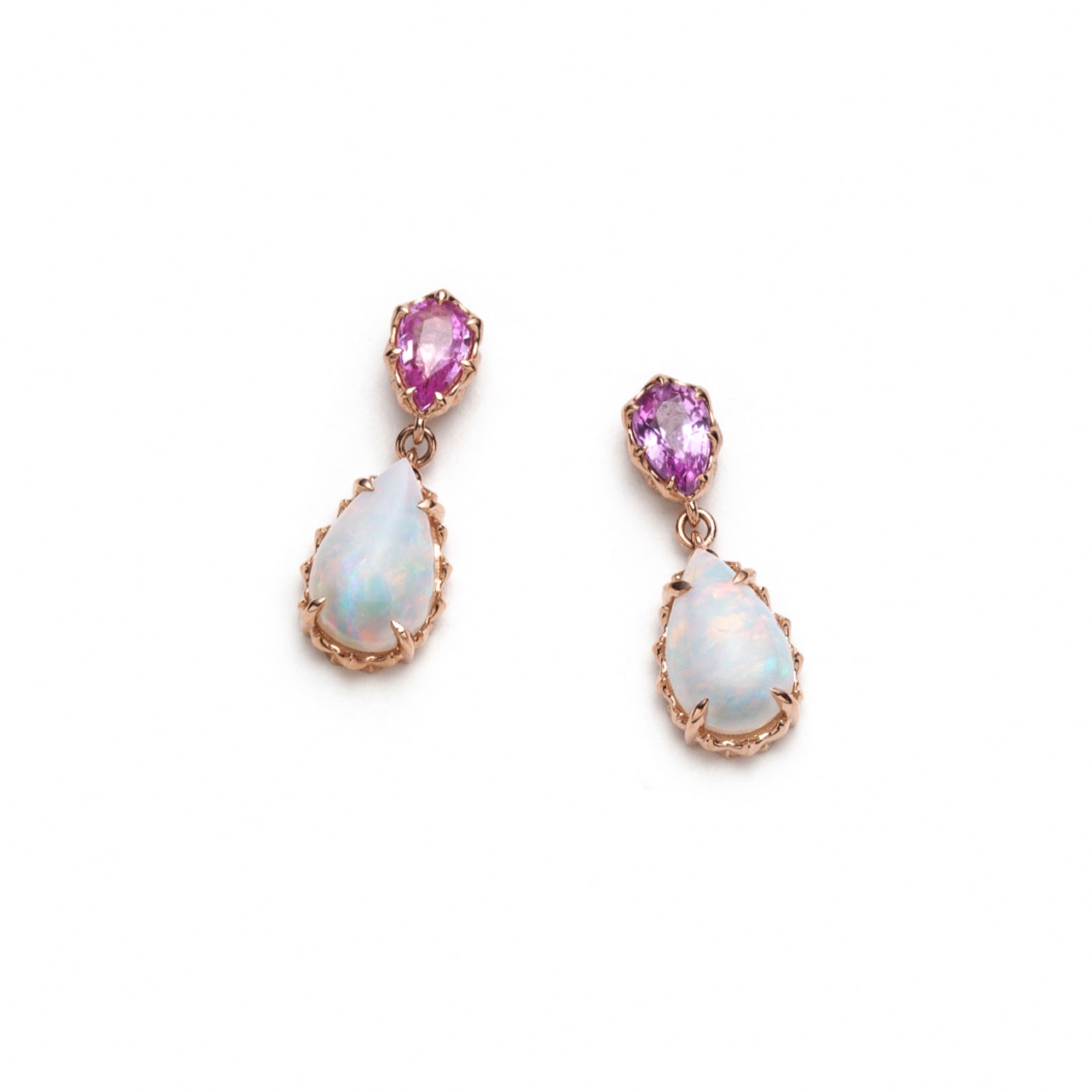 Mermaid Opal and Pink Sapphire Drop Earrings in Rose Gold