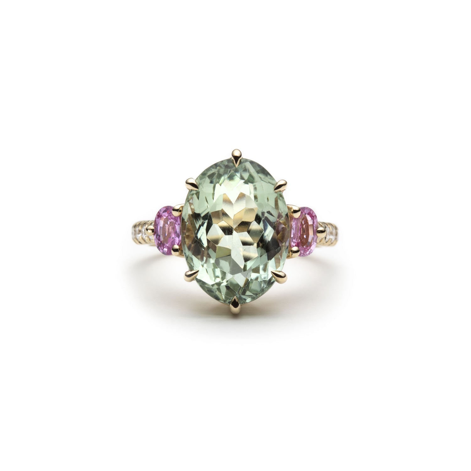 Mermaid Oval-Shaped Aquamarine and Pink Sapphire Three-Stone Ring