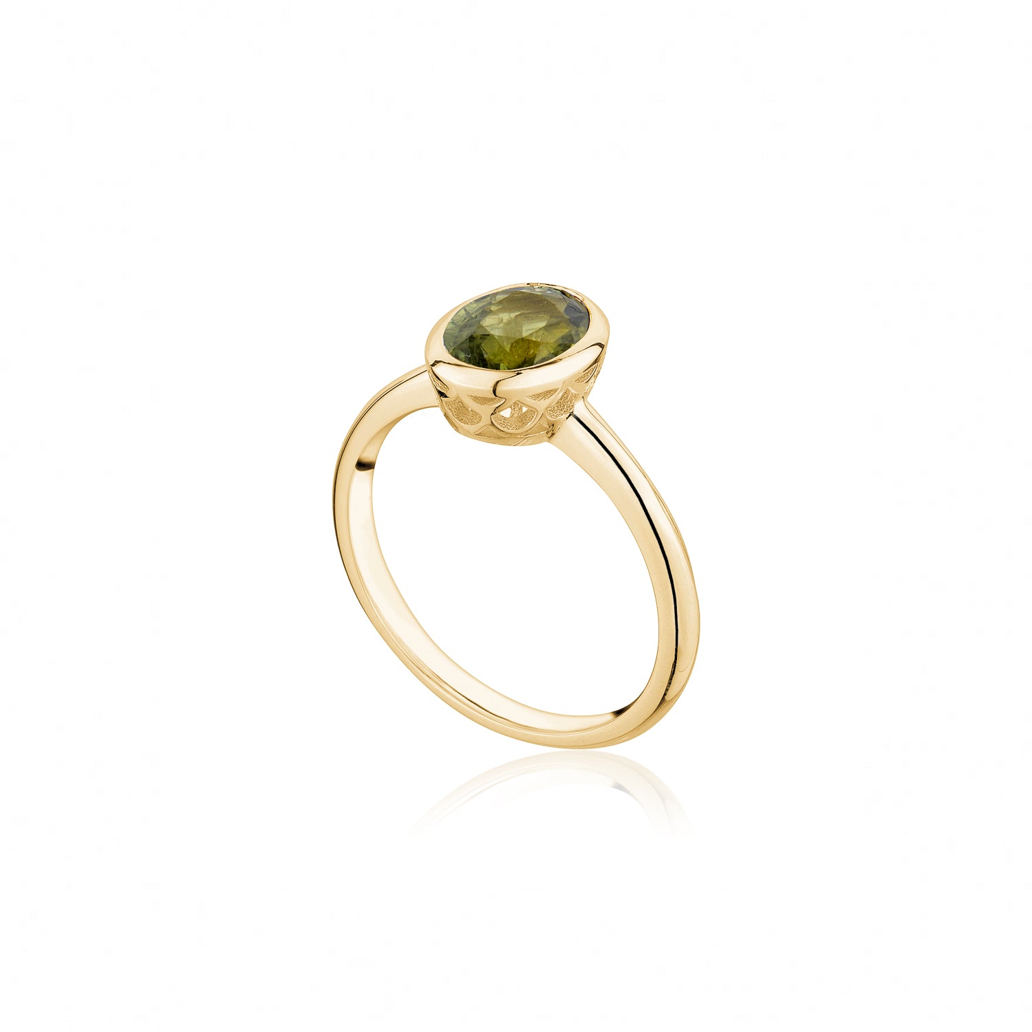 Mermaid Oval-Shaped Green Sapphire Bezel Ring in Yellow Gold Side View