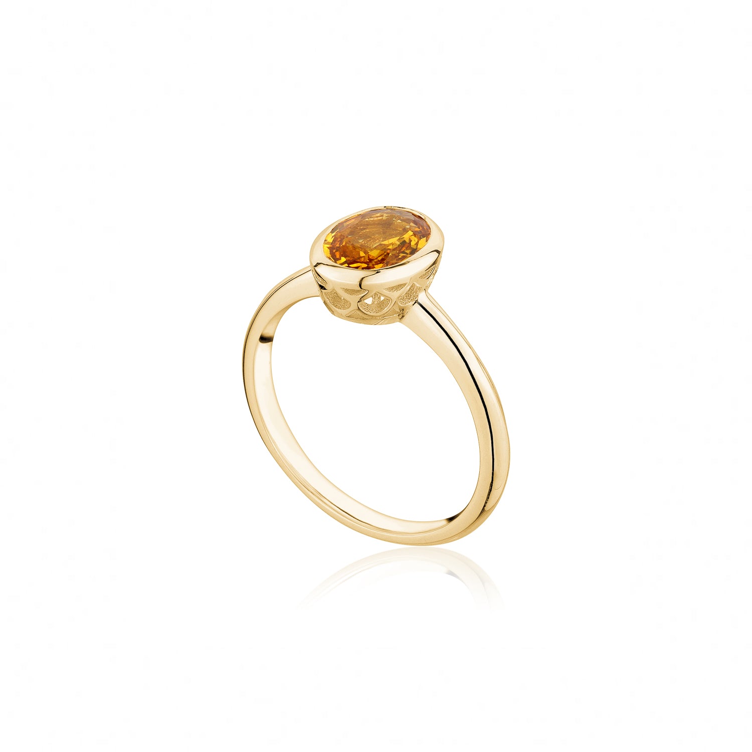 Mermaid Oval-Shaped Yellow Sapphire Bezel Ring in Yellow Gold Side View