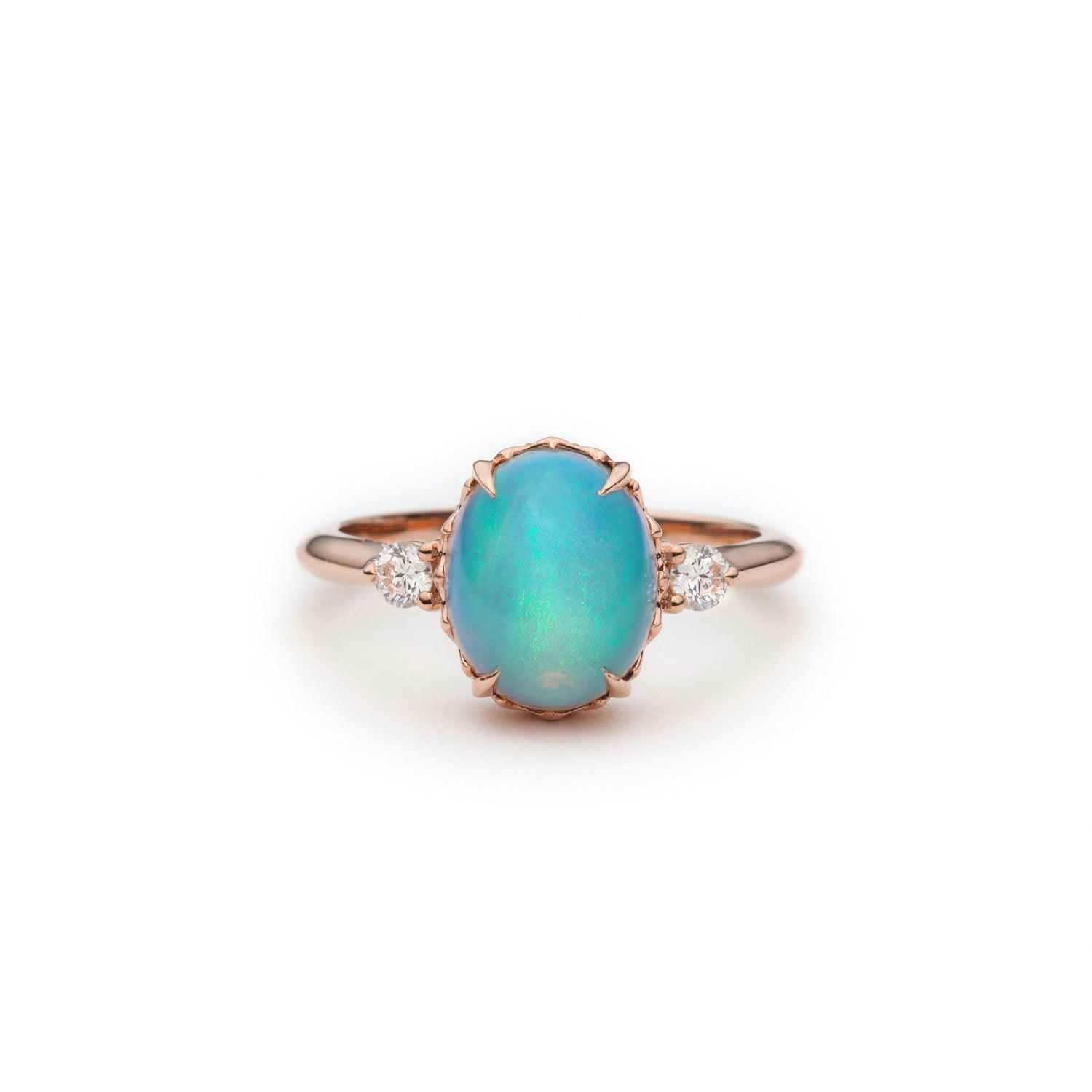 Mermaid Oval Opal and Diamond Three-Stone Ring 14k Rose Gold