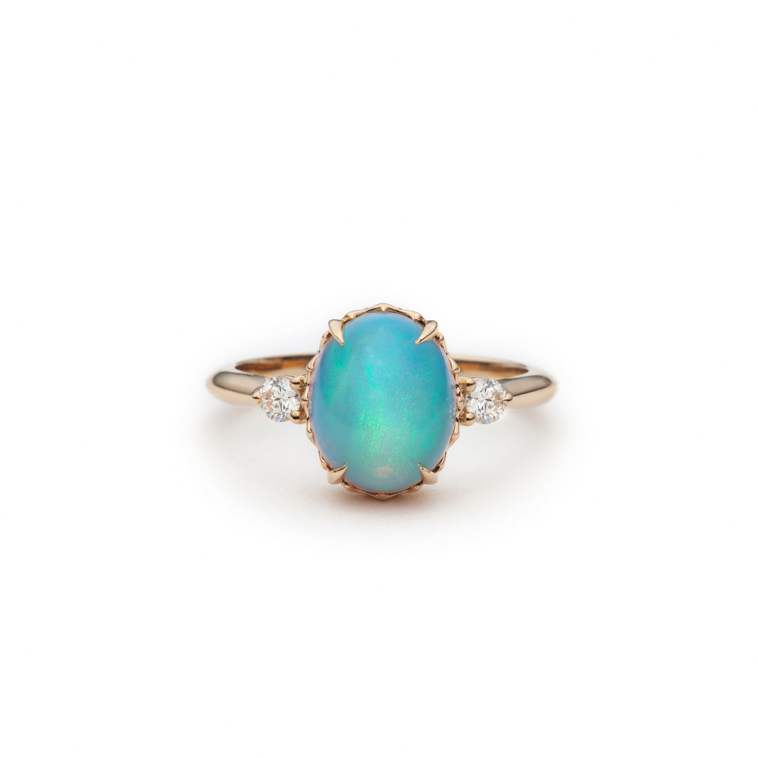 Mermaid Oval Opal and Diamond Three-Stone Ring in Yellow Gold