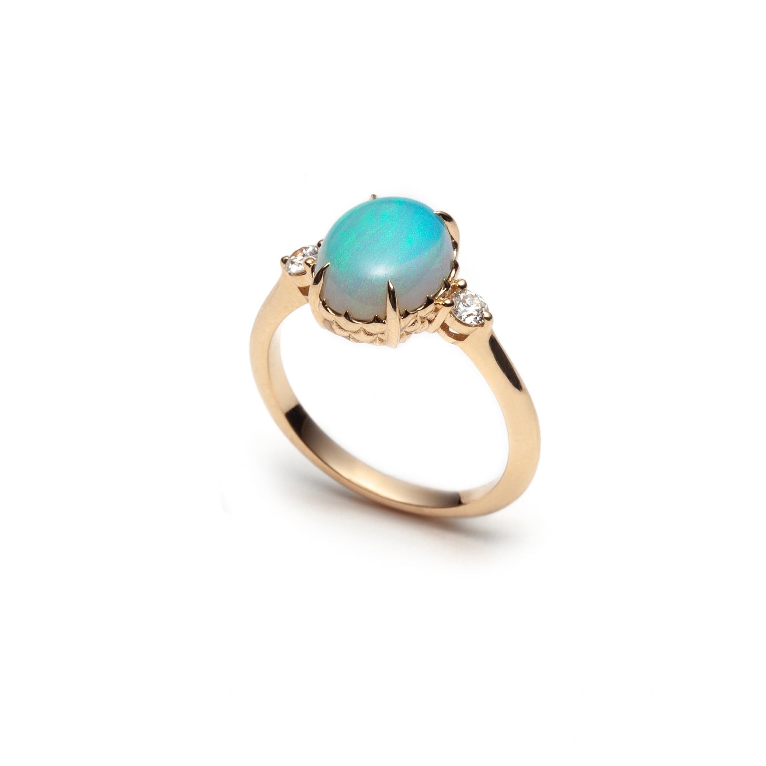 Mermaid Oval Opal and Diamond Three-Stone Ring in Yellow Gold Side View