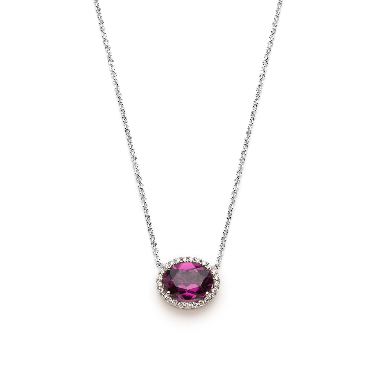 Mermaid Oval Rhodolite Garnet Diamond Halo Two-Tone Gold Necklace