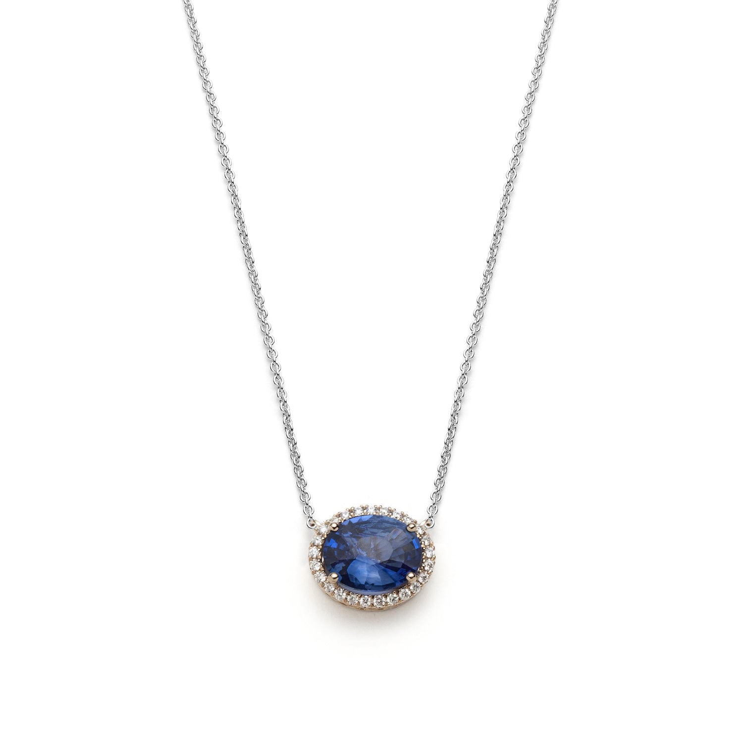 Mermaid Oval Sapphire Diamond Halo Two-Tone Gold Necklace