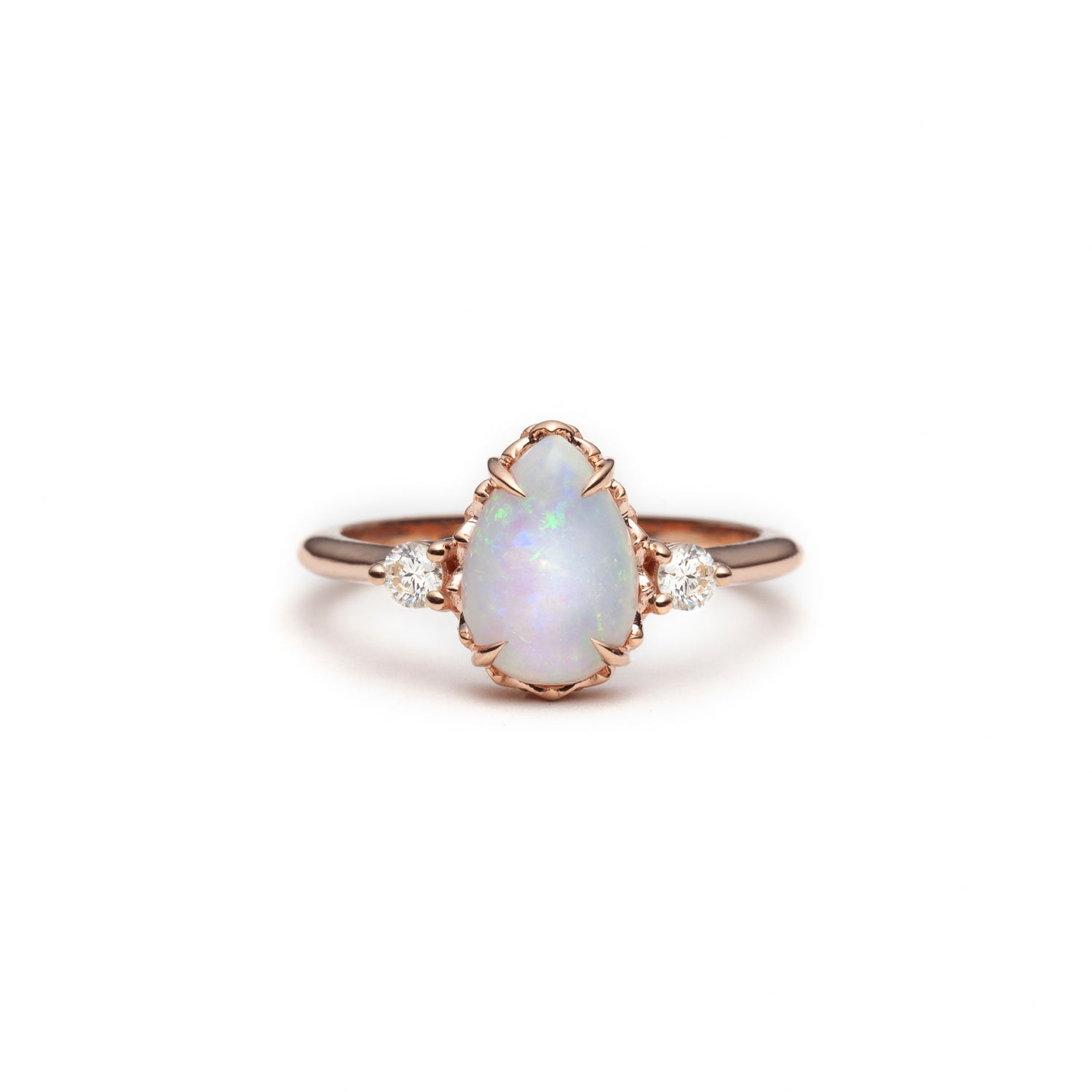 Mermaid Pear-Shaped Opal and Diamond Three-Stone Ring in Rose Gold