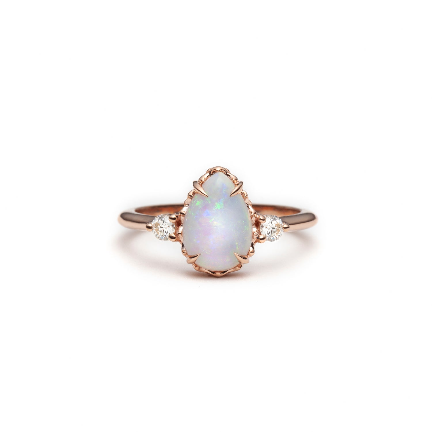 Mermaid Pear-Shaped Opal and Diamond Three-Stone Ring 14k Rose Gold