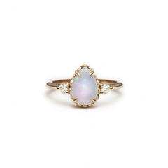 Mermaid Pear-Shaped Opal and Diamond Three-Stone Ring in Yellow Gold