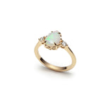 Mermaid Pear-Shaped Opal and Diamond Three-Stone Ring in Yellow Gold Side View