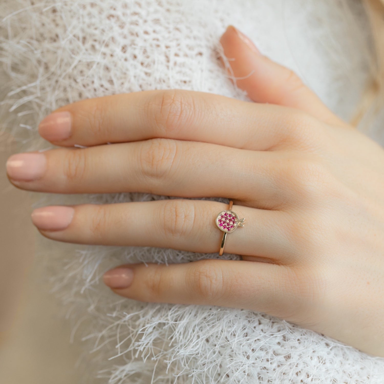 Mini Pomegranate Ruby Pavé Motif Ring on a Hand