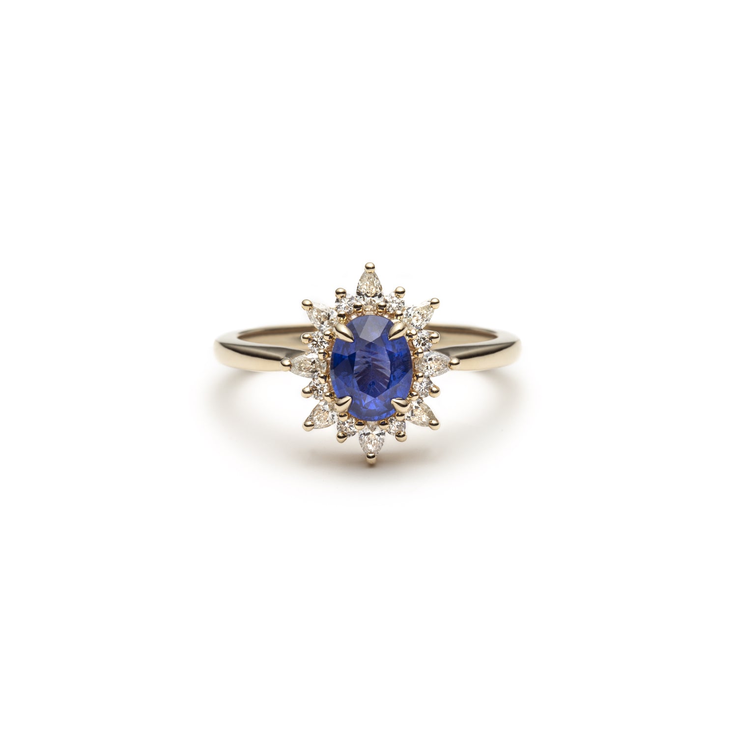 Oval-Shaped Blue Sapphire and Diamond Starburst Ring