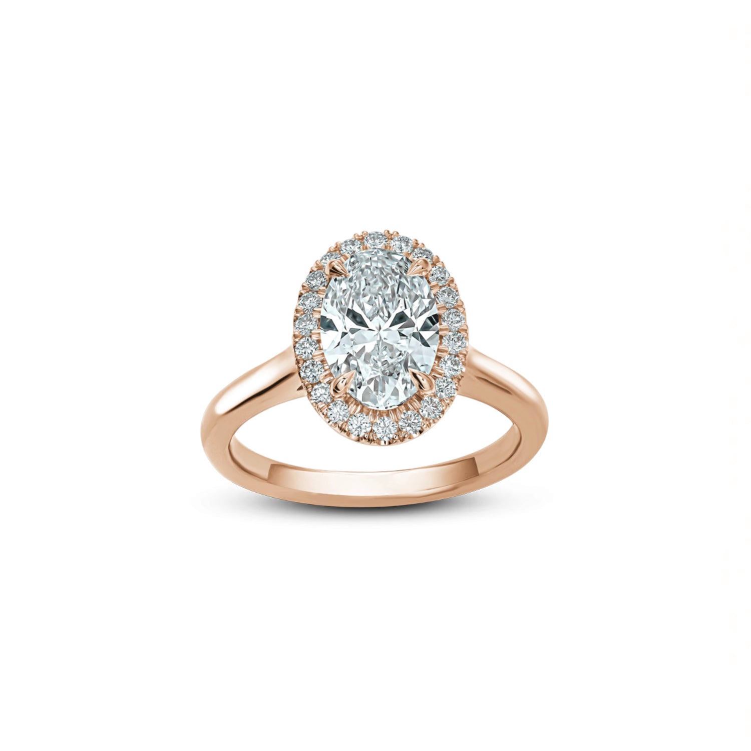 Oval-Shaped Lab-Grown Diamond Halo Engagement Ring in Rose Gold Front View