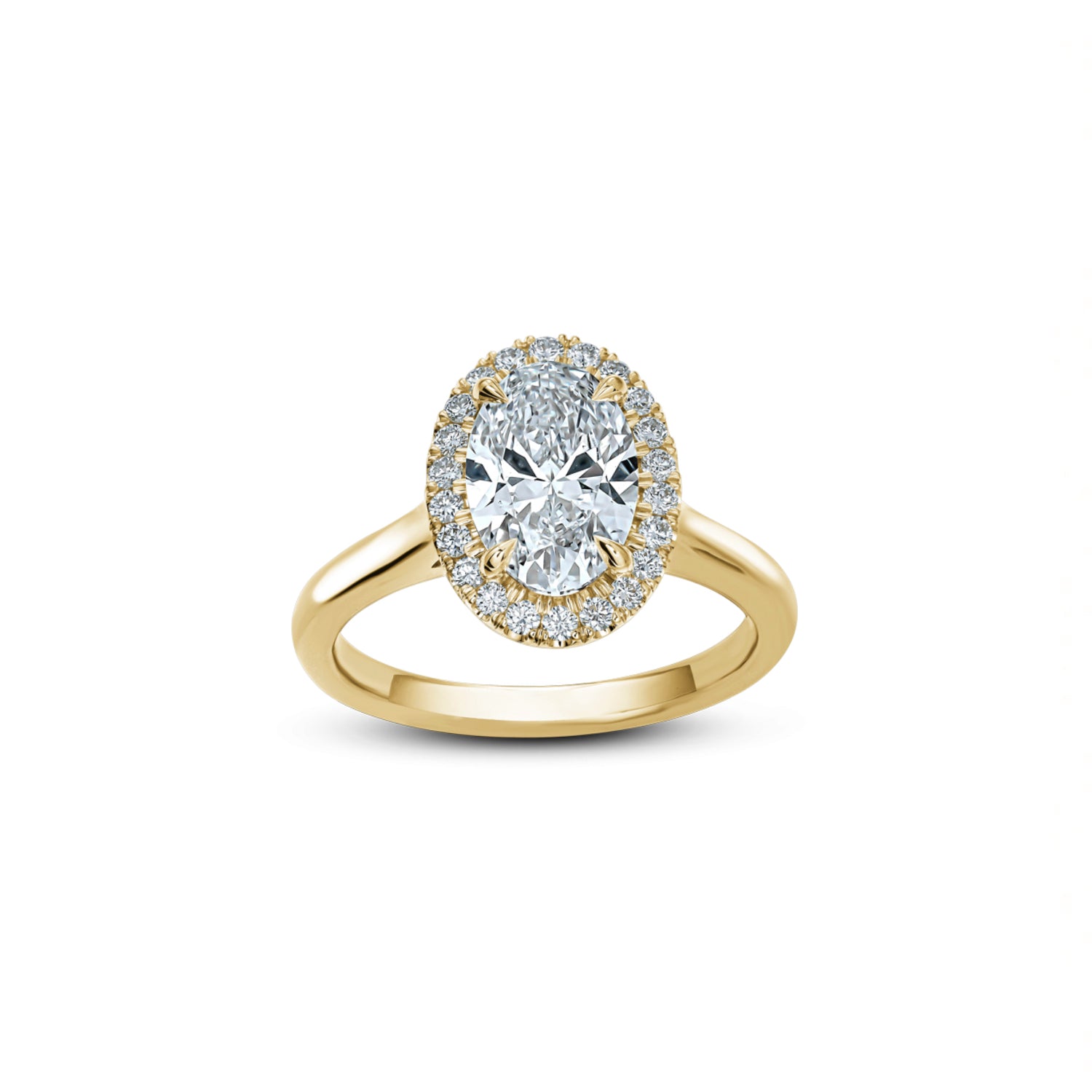 Oval-Shaped Lab-Grown Diamond Halo Engagement Ring in Yellow Gold Front View