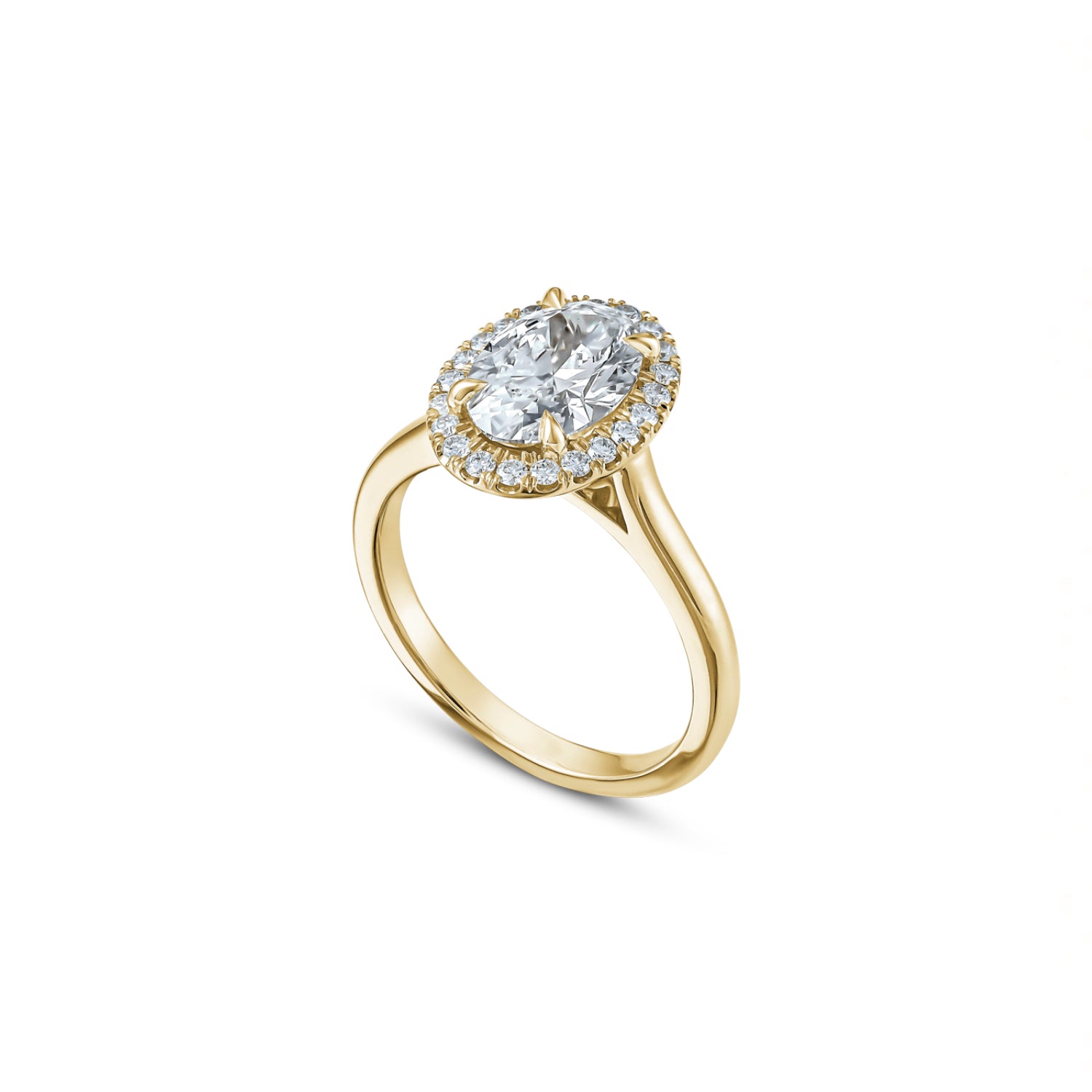 Oval-Shaped Lab-Grown Diamond Halo Engagement Ring in Yellow Gold Side View
