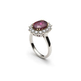 Oval-Shaped Ruby and Round Brilliant Cut Diamond Cluster Ring Side View