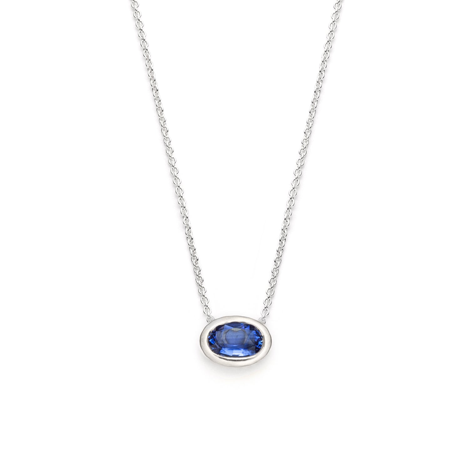 Oval-Shaped Sapphire Bezel Necklace in White Gold