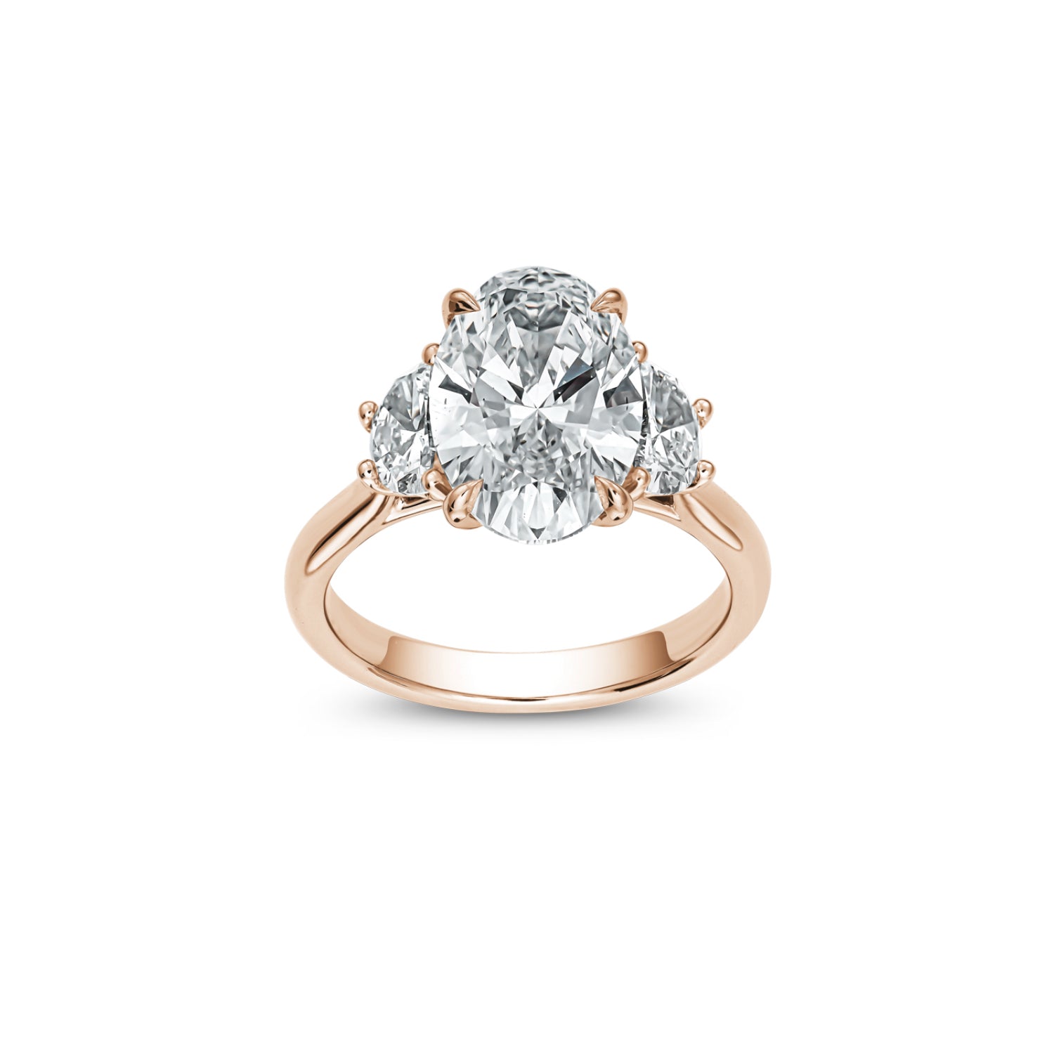 Oval and Half-Moon Cut Lab-Grown Diamond Three-Stone Engagement Ring in Rose Gold Front View
