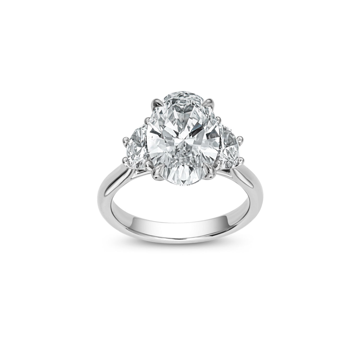 Oval and Half-Moon Cut Lab-Grown Diamond Three-Stone Engagement Ring in White Gold Front View