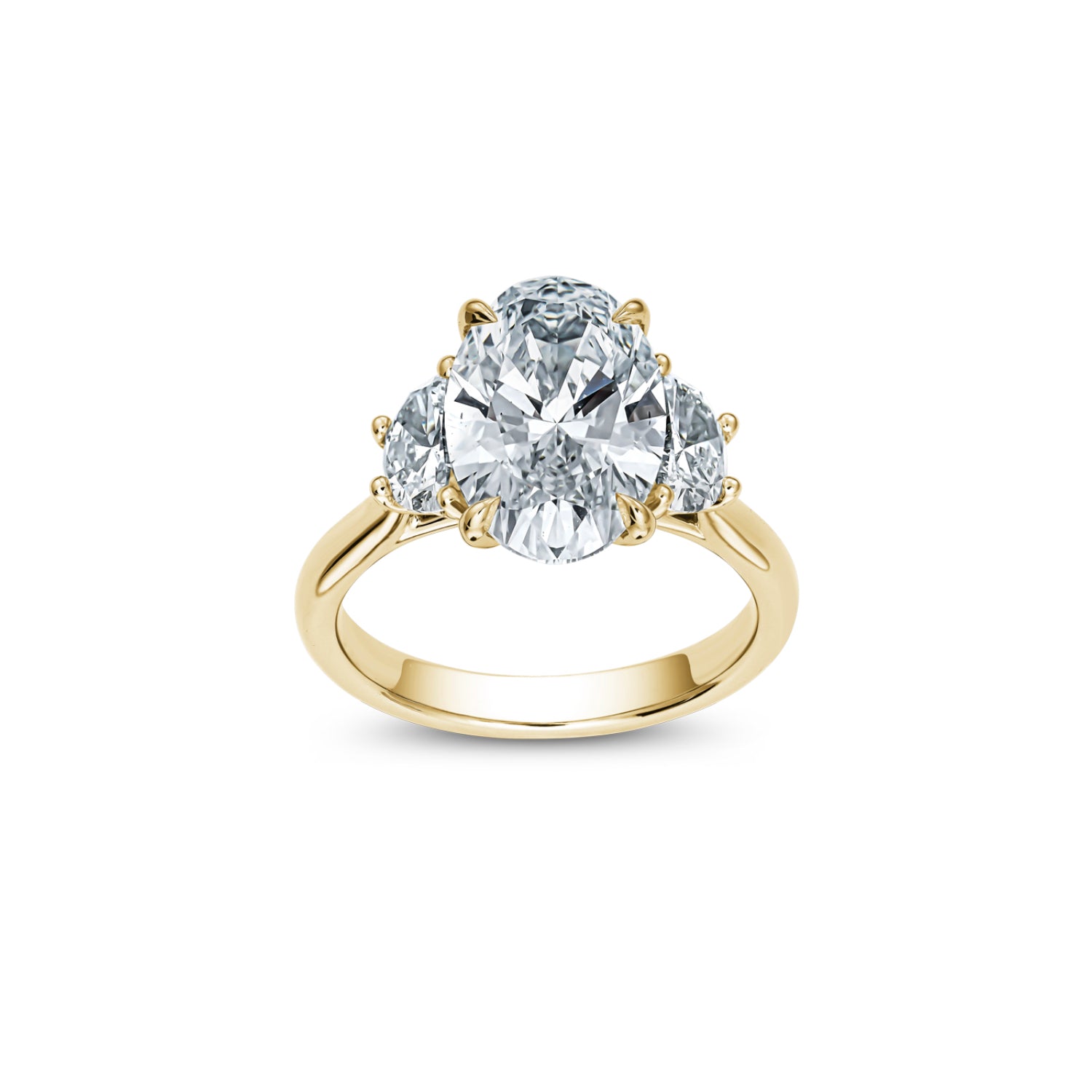 Oval and Half-Moon Cut Lab-Grown Diamond Three-Stone Engagement Ring in Yellow Gold Front View