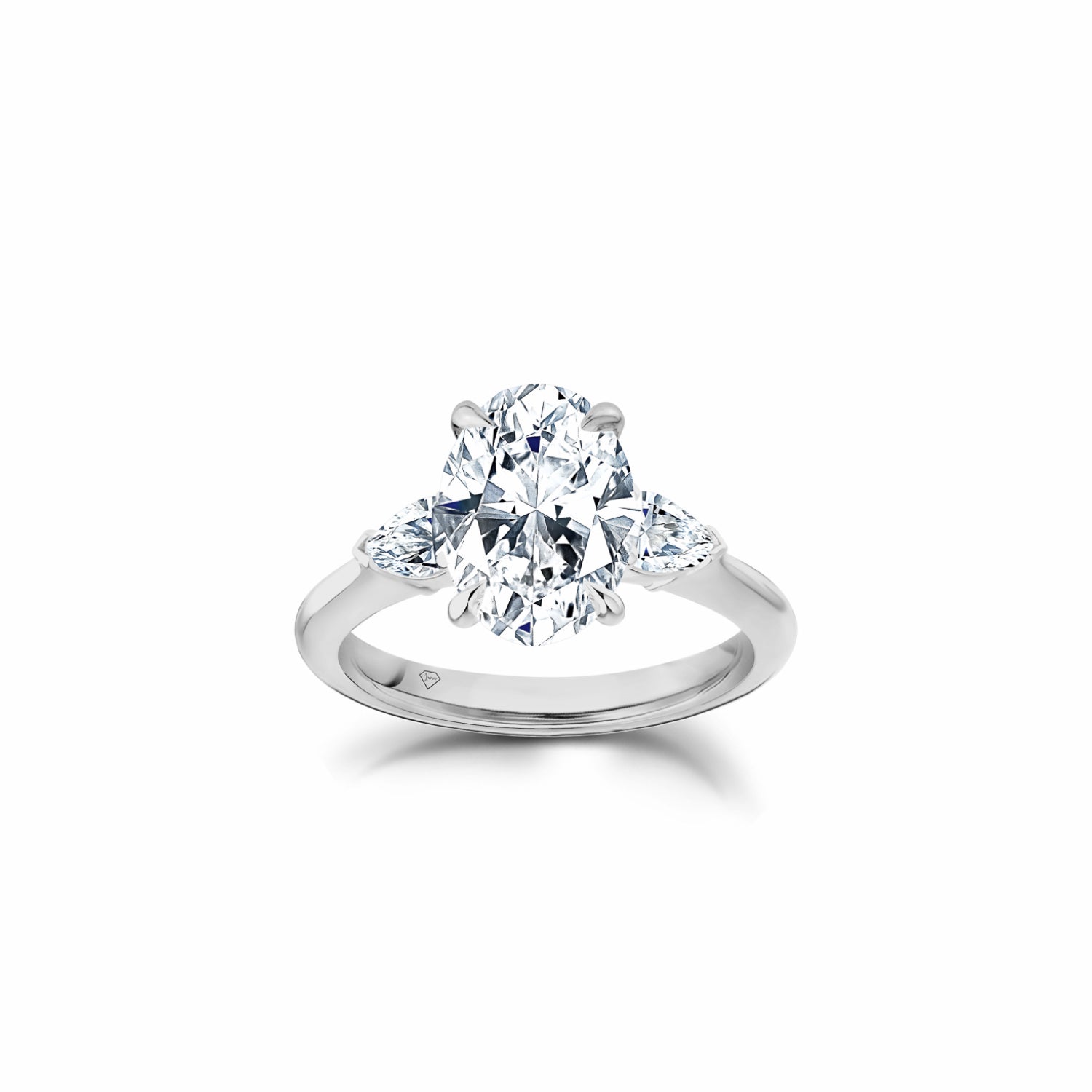 Oval and Pear Cut Lab-Grown Diamond Three-Stone Engagement Ring in White Gold Front View