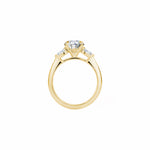 Oval and Pear Cut Lab-Grown Diamond Three-Stone Engagement Ring in Yellow Gold Side View