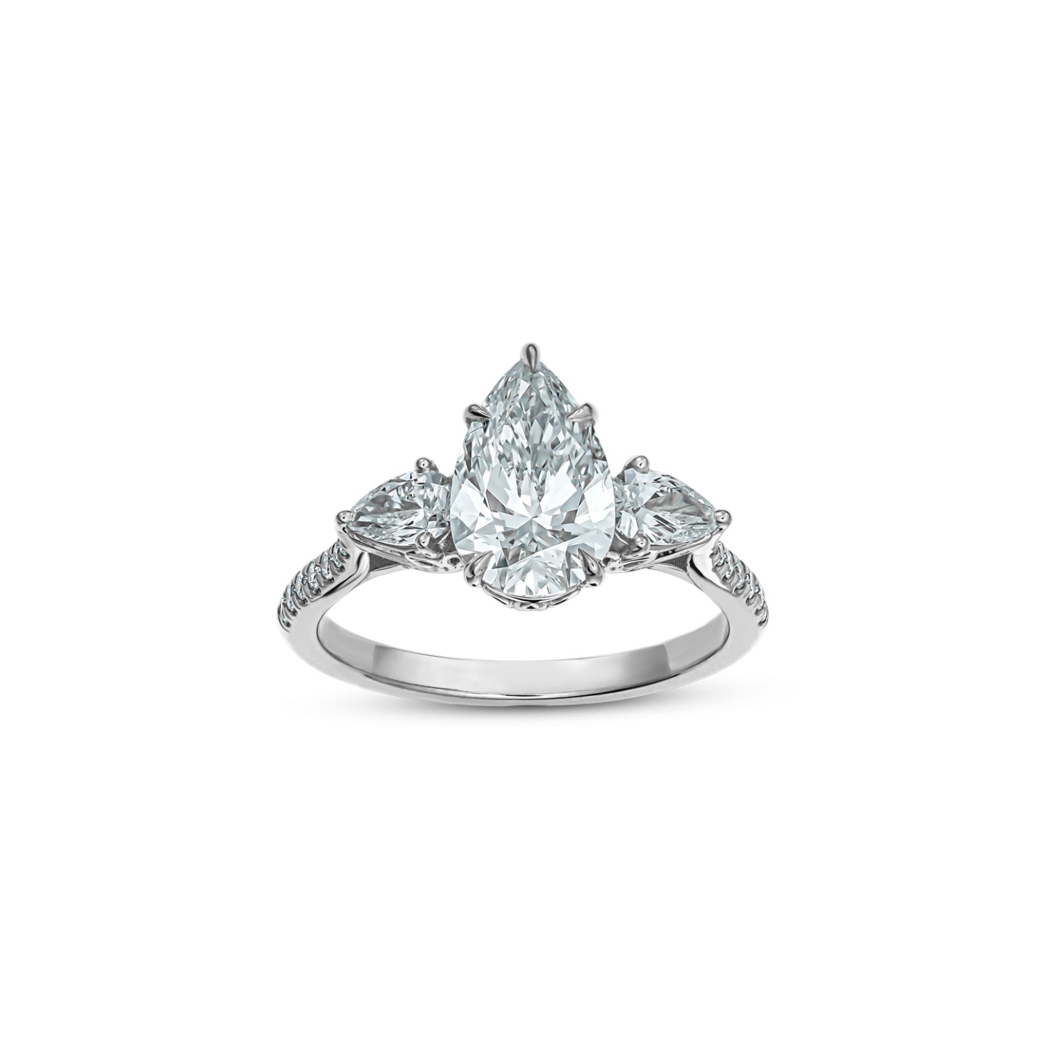 Pear-Shaped Lab-Grown Diamond Three-Stone Engagement Ring in White Gold Front View