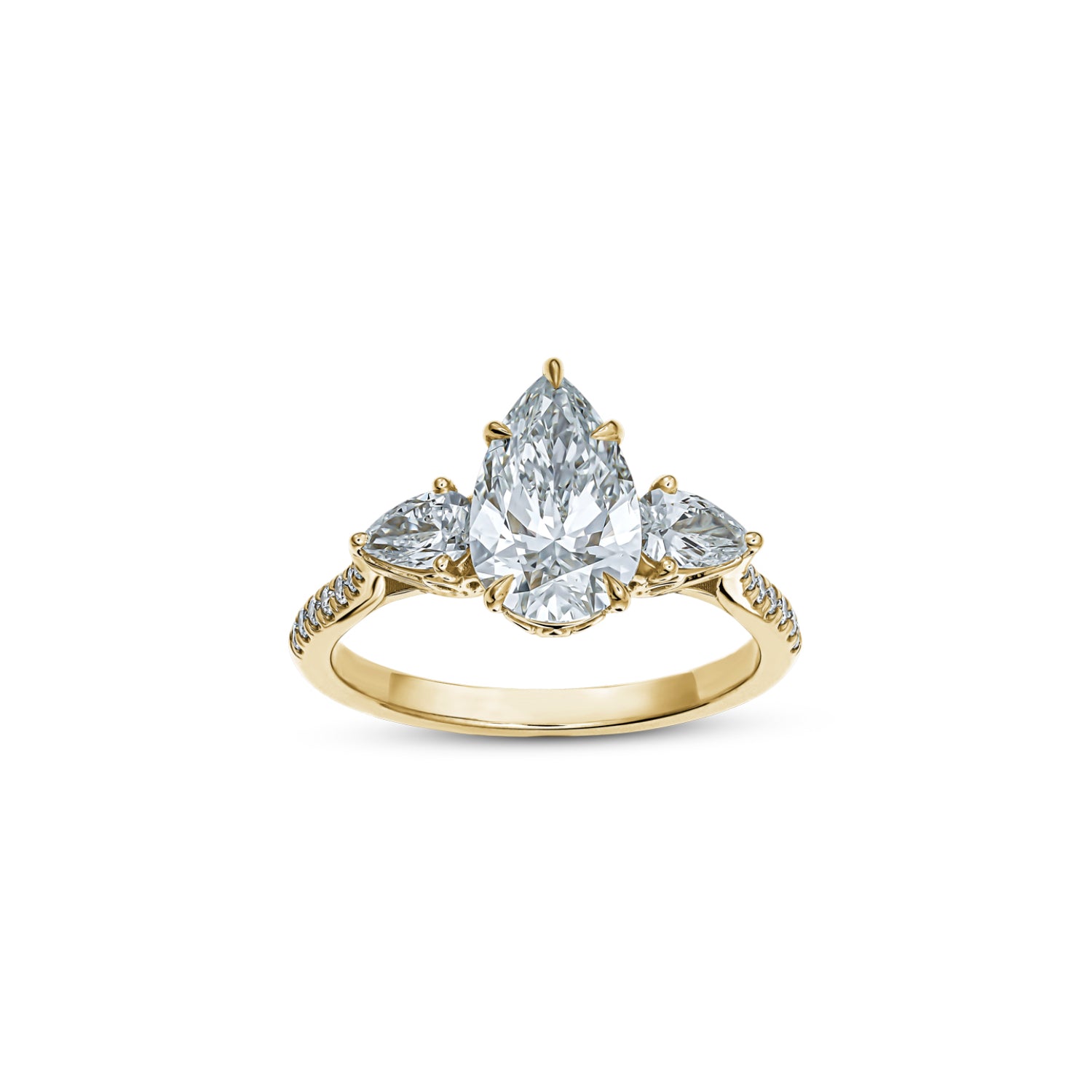 Pear-Shaped Lab-Grown Diamond Three-Stone Engagement Ring in Yellow Gold Front View