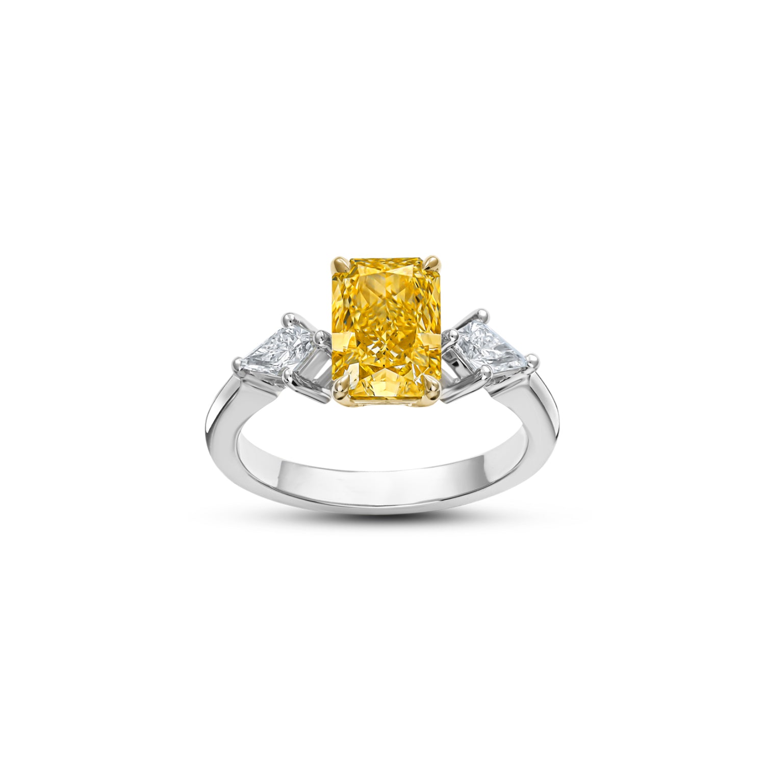 Radiant Cut Fancy Yellow Lab-Grown Diamond and Kite Side Stone Three-Stone Engagement Ring in Platinum and Yellow Gold Front View