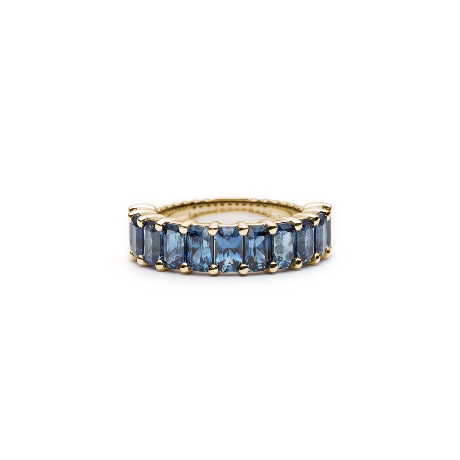Radiant Cut Blue Sapphire Half-Eternity Ring in Yellow Gold