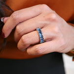Radiant Cut Blue Sapphire Half-Eternity Ring on a Model 