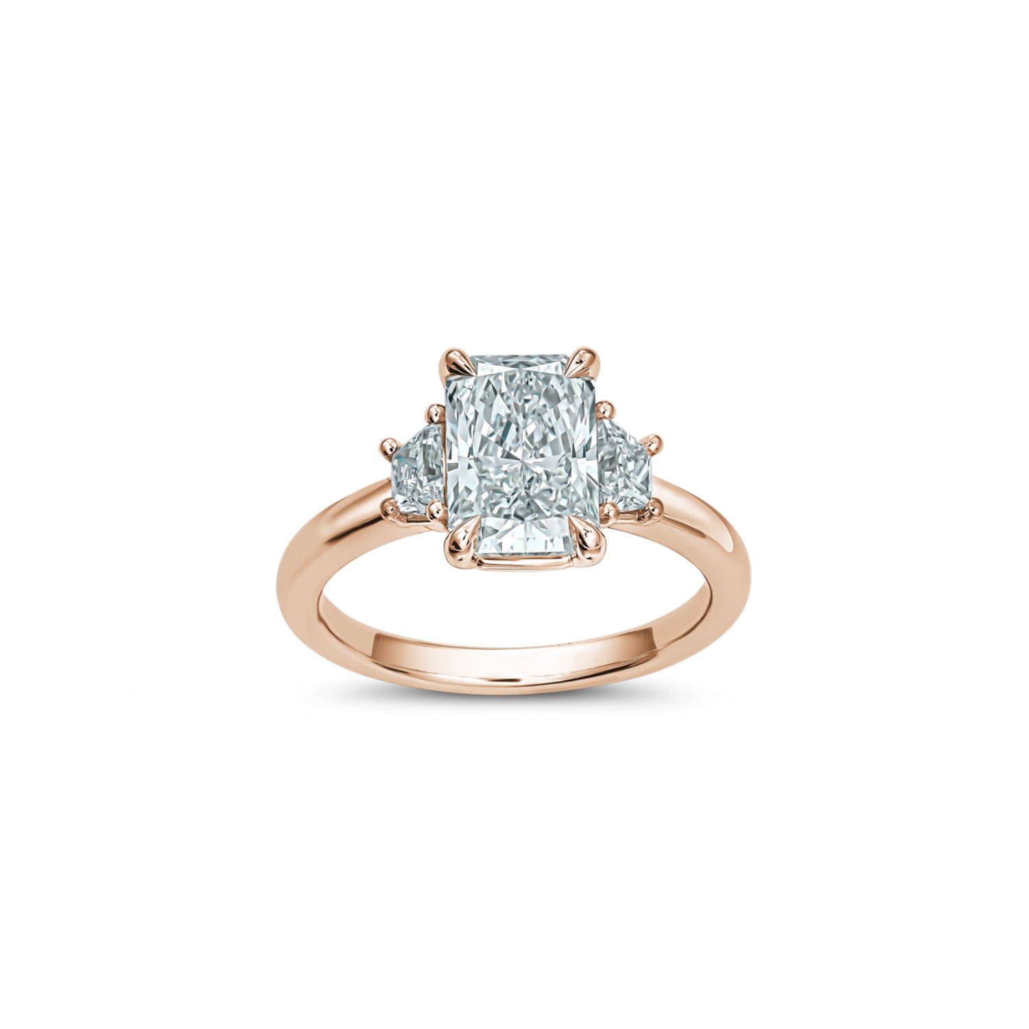 Radiant and Trapezoid Cut Lab-Grown Diamond Three-Stone Engagement Ring in Rose Gold Front View