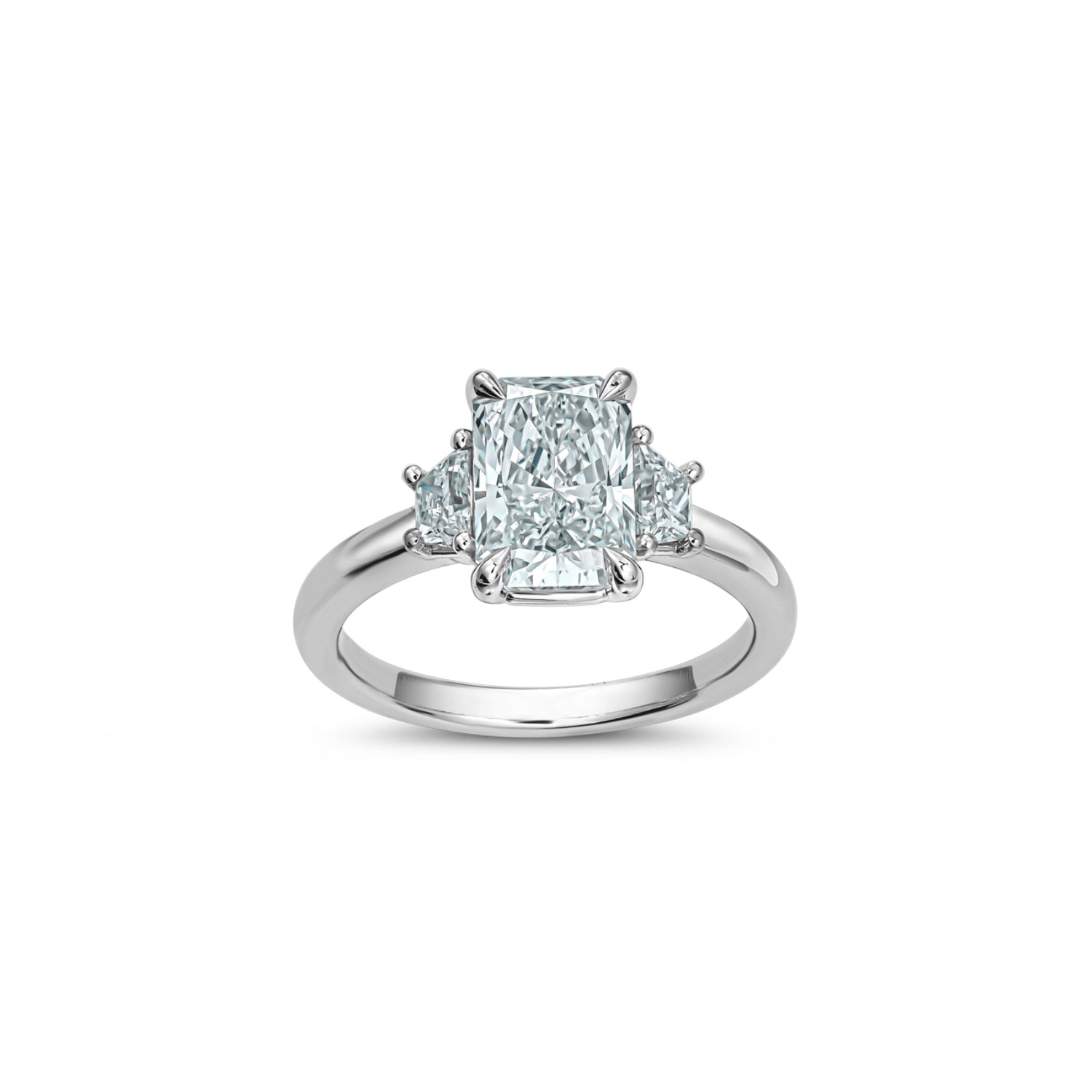 Radiant and Trapezoid Cut Lab-Grown Diamond Three-Stone Engagement Ring in White Gold Front View