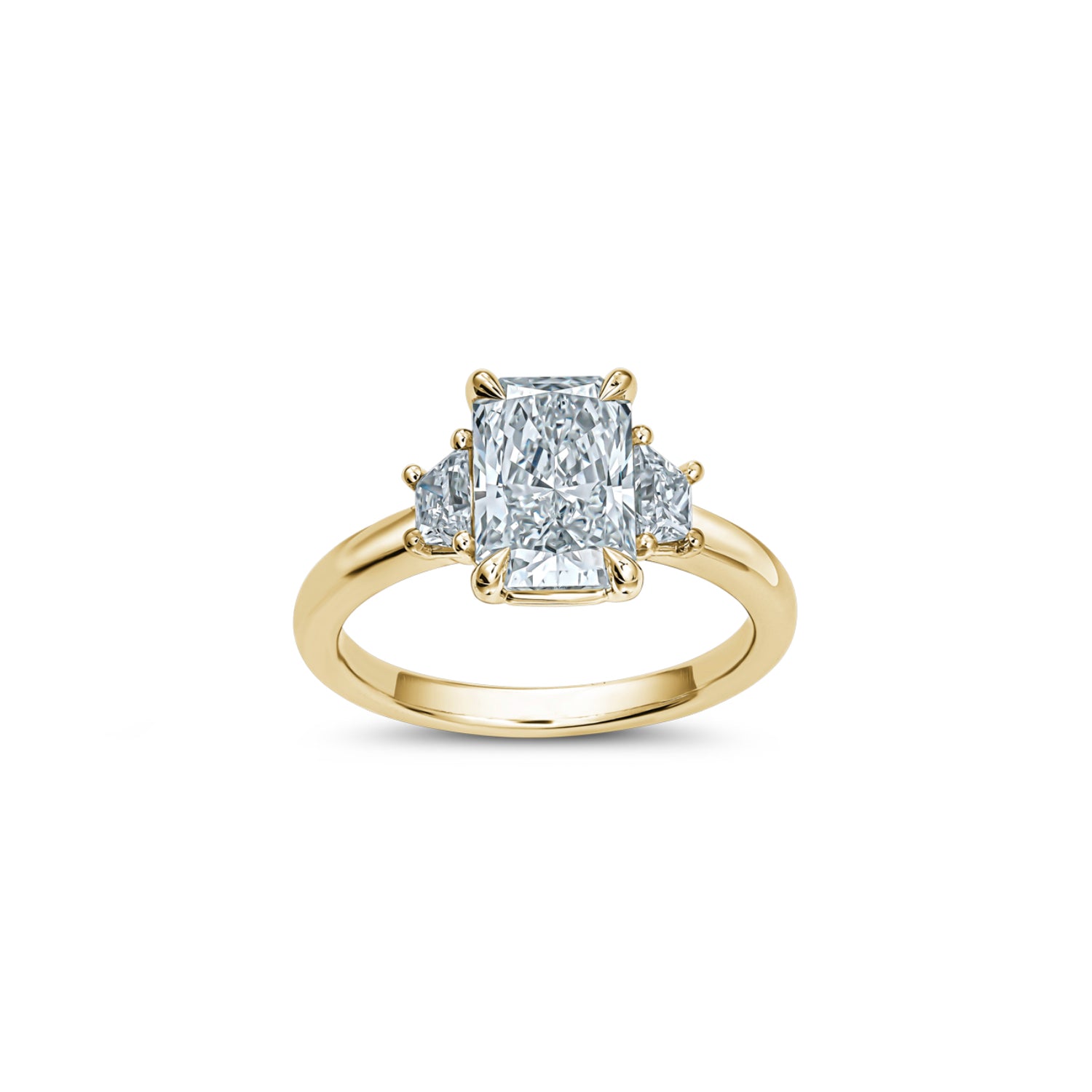 Radiant and Trapezoid Cut Lab-Grown Diamond Three-Stone Engagement Ring in Yellow Gold Front View