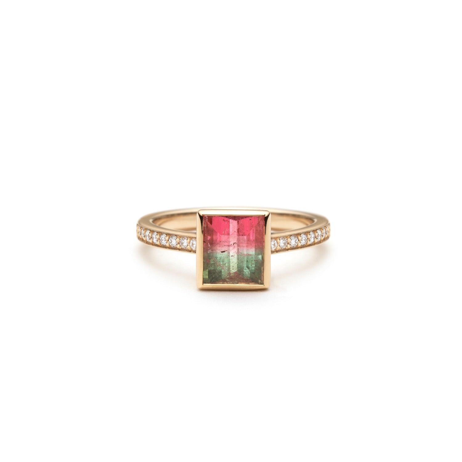Rectangular Cut Watermelon Tourmaline Diamond Pavé Bezel Ring