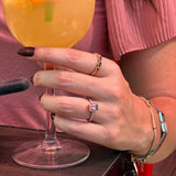 Rectangular Cut Watermelon Tourmaline Diamond Pavé Bezel Ring on a Model