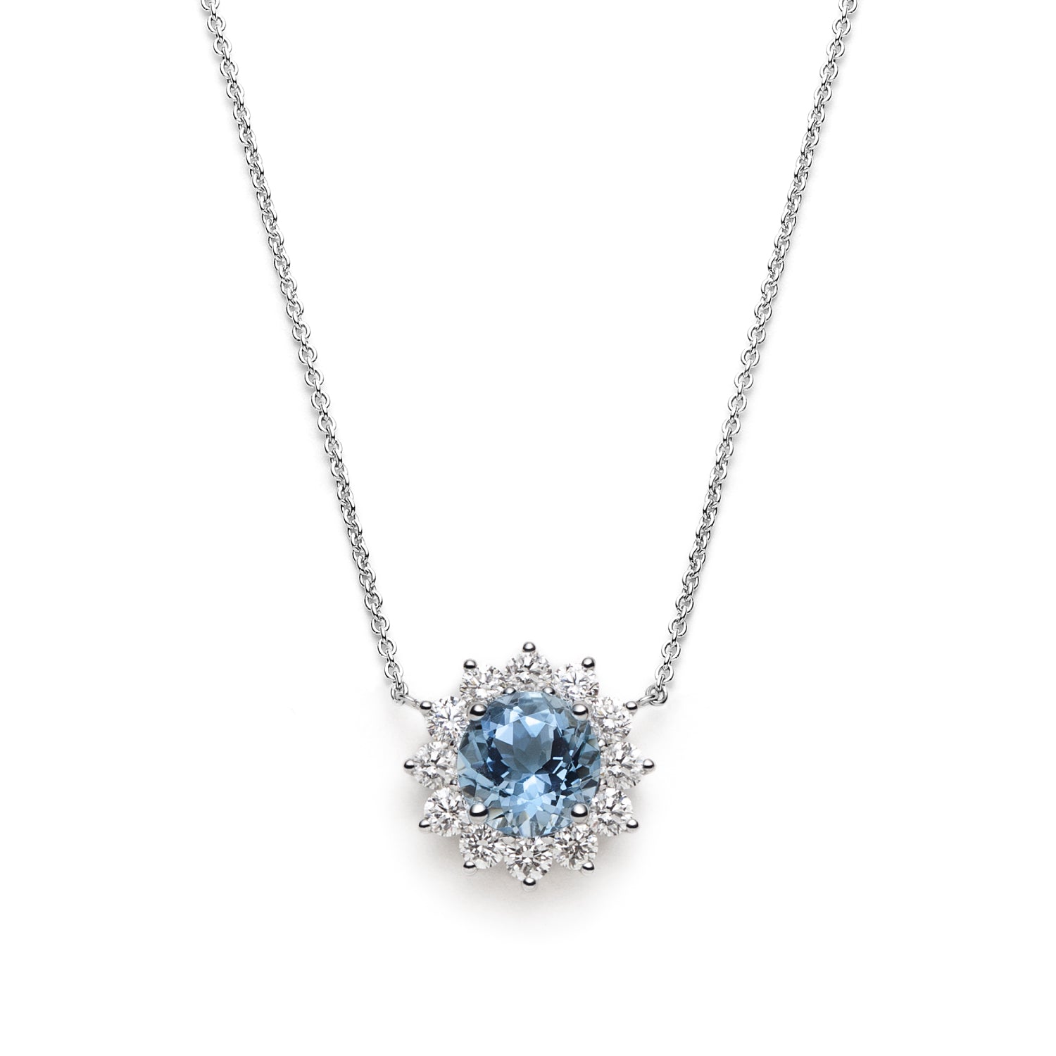 Round Aquamarine Diamond Floral Halo Necklace
