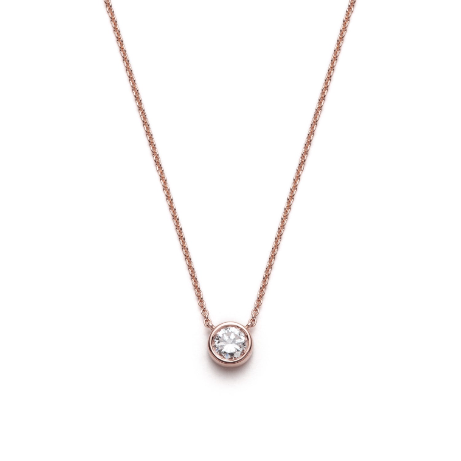 Round Brilliant Cut Diamond Bezel Necklace in Rose Gold