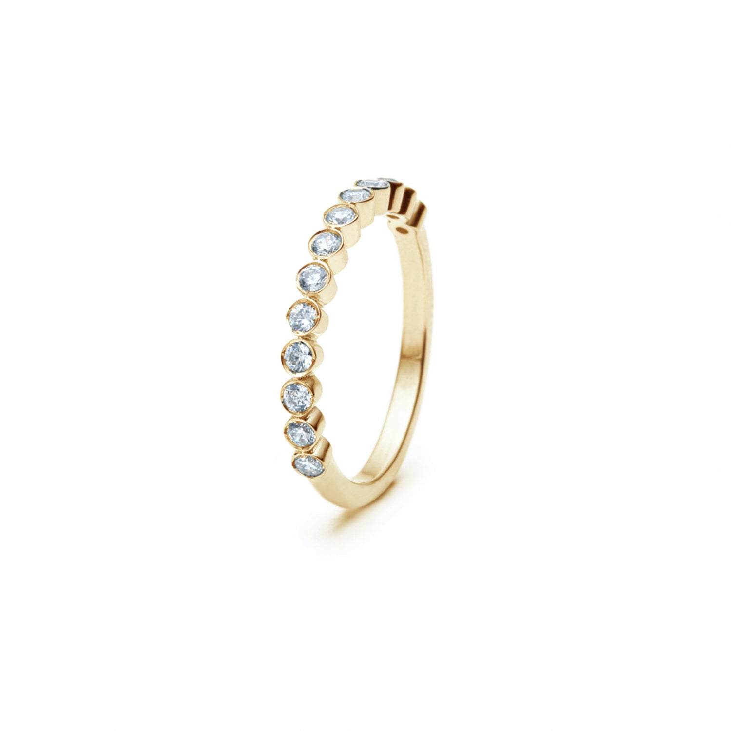 Round Brilliant Cut Diamond Bezel Set Half-Eternity Ring in Yellow Gold Side View