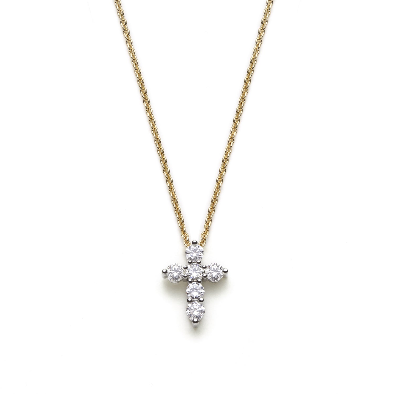 Round Brilliant Cut Diamond Cross Necklace in White and Yellow Gold