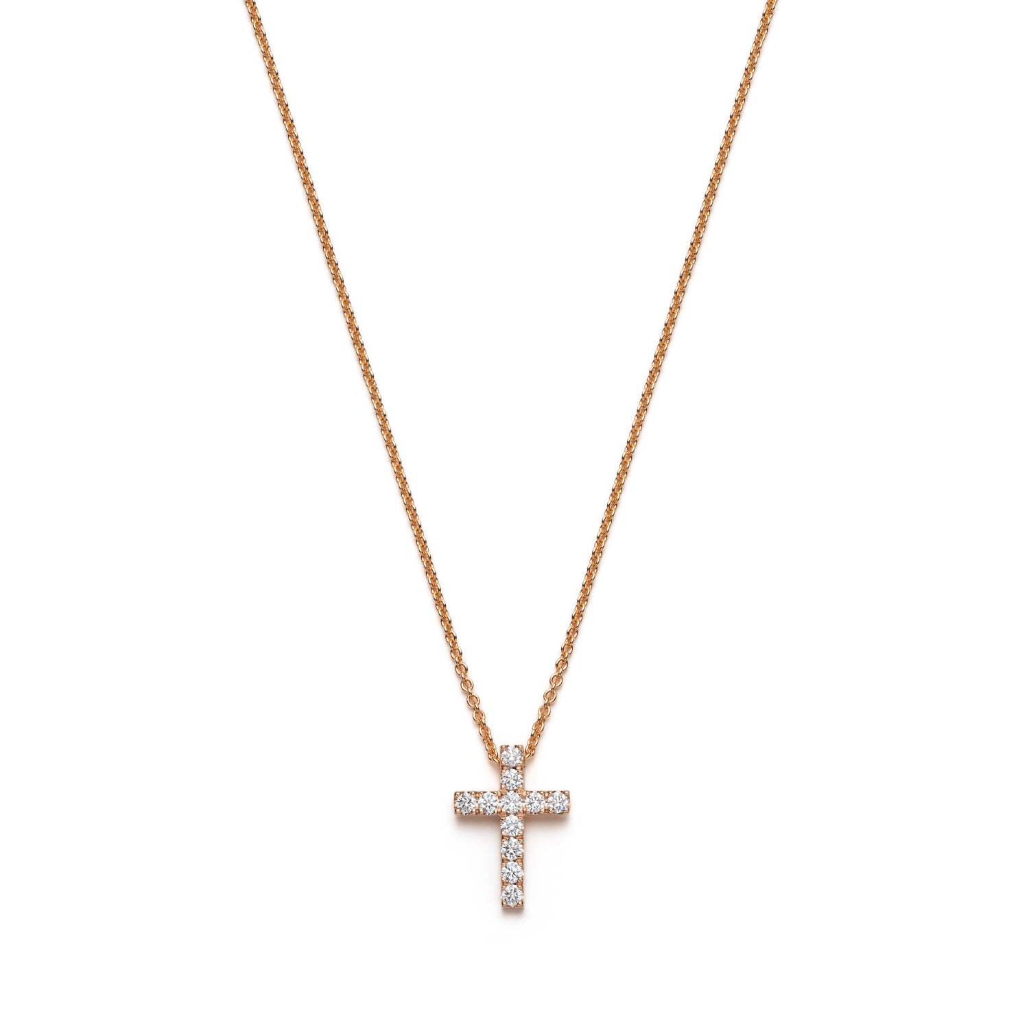 Round Brilliant Cut Diamond Cross Pendant Necklace in Rose Gold