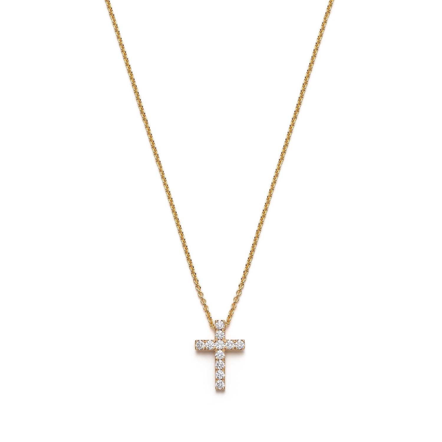 Round Brilliant Cut Diamond Cross Pendant Necklace in Yellow Gold