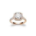 Round Brilliant Cut Diamond Cushion-Shaped Halo Tapered Shank Engagement Ring in Rose Gold Front View