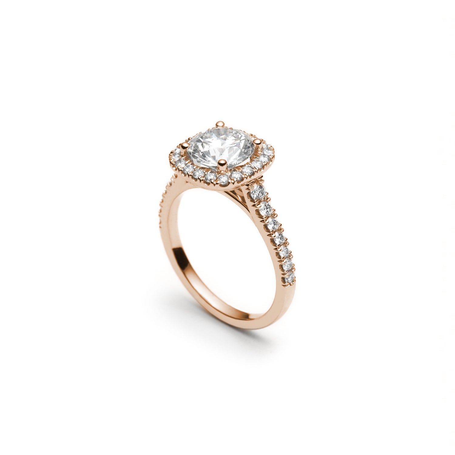 Round Brilliant Cut Diamond Cushion-Shaped Halo Tapered Shank Engagement Ring in Rose Gold Side View