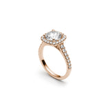 Round Brilliant Cut Diamond Cushion-Shaped Halo Tapered Shank Engagement Ring in Rose Gold Side View