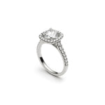 Round Brilliant Cut Diamond Cushion-Shaped Halo Tapered Shank Engagement Ring in White Gold Side View