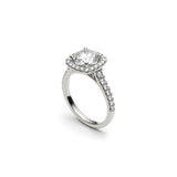 Round Brilliant Cut Diamond Cushion-Shaped Halo Tapered Shank Engagement Ring in White Gold Side View